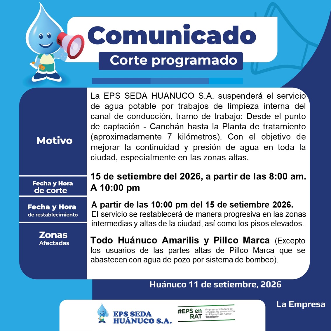 Comunicado EPS SEDA HUÁNUCO S.A.