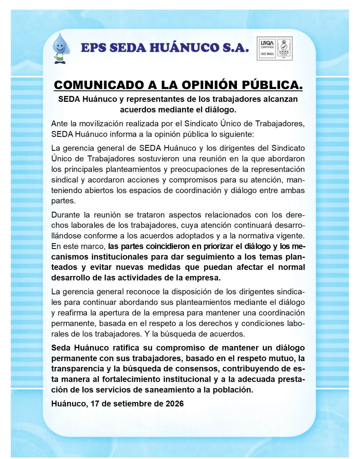 Comunicado EPS SEDA HUÁNUCO S.A.